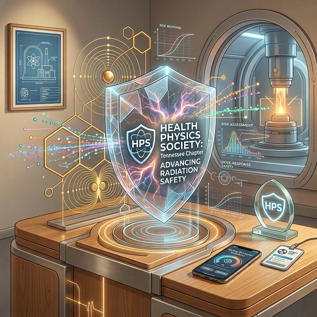 Holographic shield displaying Health Physics Society logo and message advancing radiation safety, surrounded by scientific diagrams and lab equipment